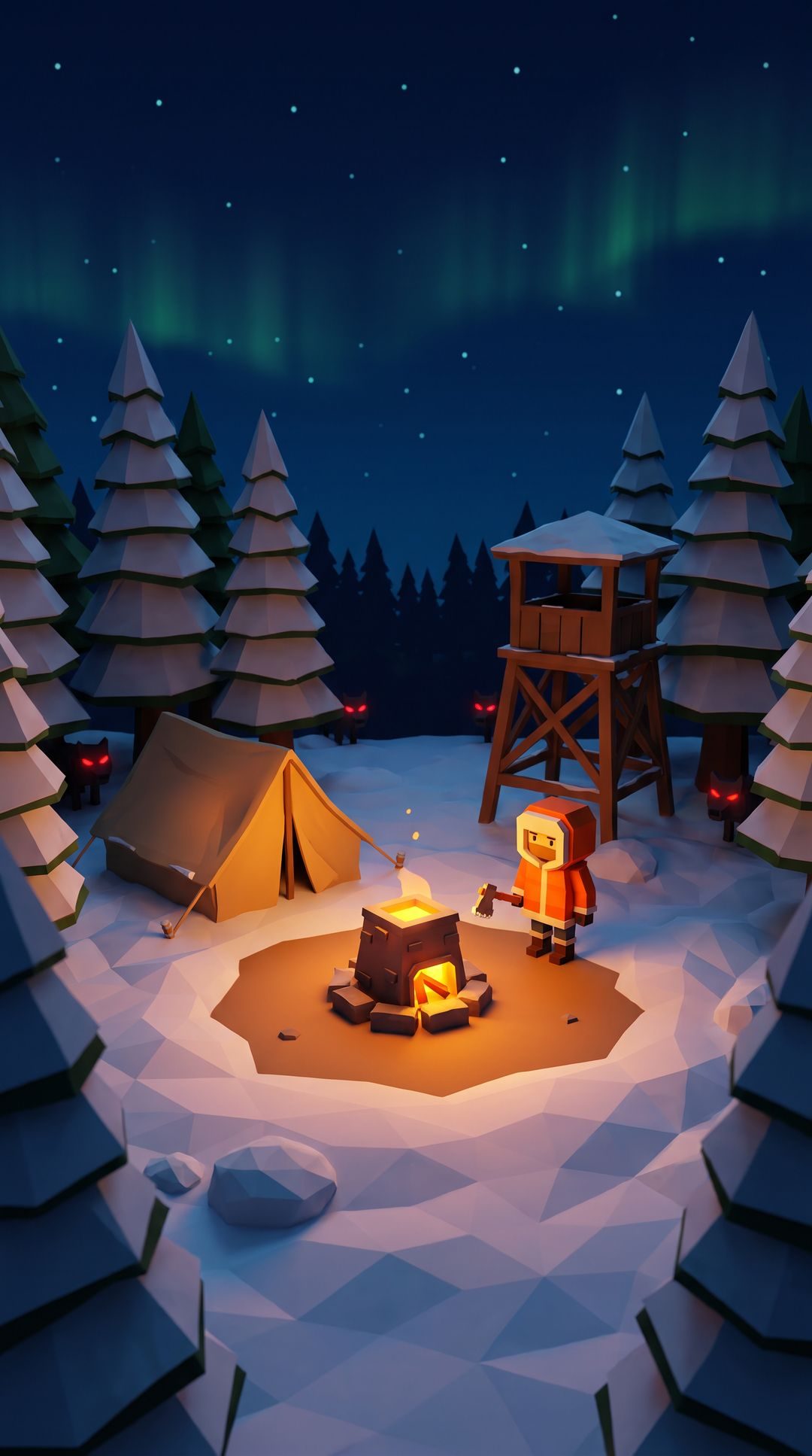 Wolfnight: Last Furnace title screen: a survivor in an orange coat beside a camp fire, a watchtower and a giant wolf in the snowy night sky